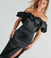 Elodie Formal Ruffled Off-The-Shoulder Satin Mermaid Dress