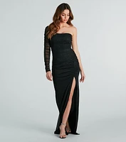 Aliana Glitter Mesh One-Shoulder Long Formal Dress