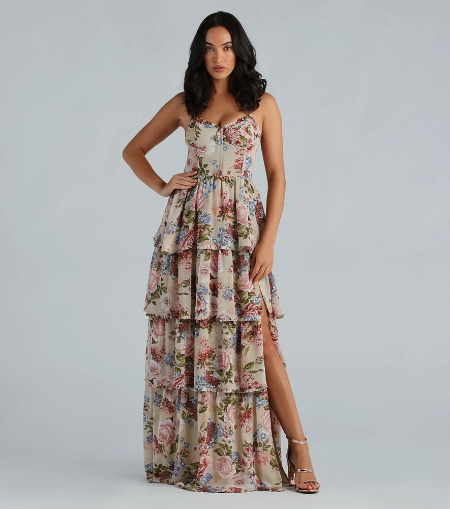 Natalie Formal Chiffon Floral Ruffle A-Line Dress