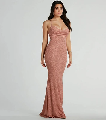 Chelsea Cowl Neck Lace-Up Mermaid Glitter Dress