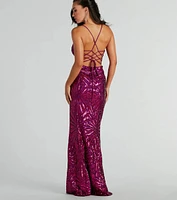 Regina Lace-Up Mermaid Sequin Mesh Formal Dress