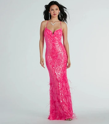 Nina Lace-Up Feather Mermaid Sequin Formal Dress
