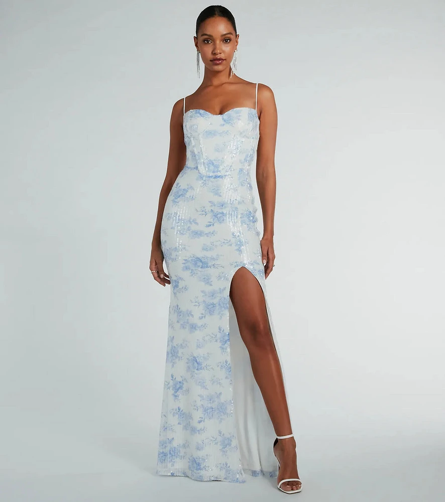 Corrine Corset A-Line Floral Sequin Formal Dress
