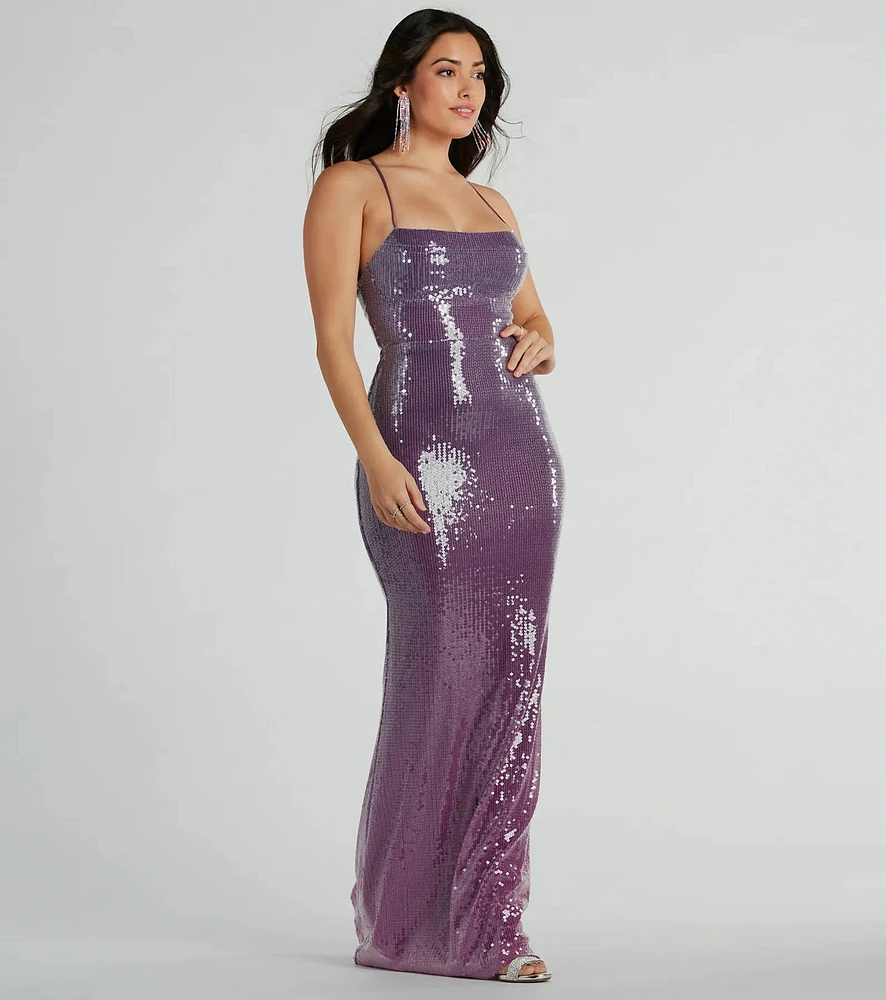 Alaia Lace-Up Mermaid Ombre Sequin Formal Dress