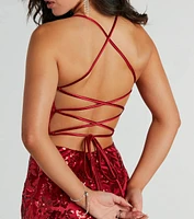 Marisol Lace-Up Mermaid Sequin Satin Formal Dress