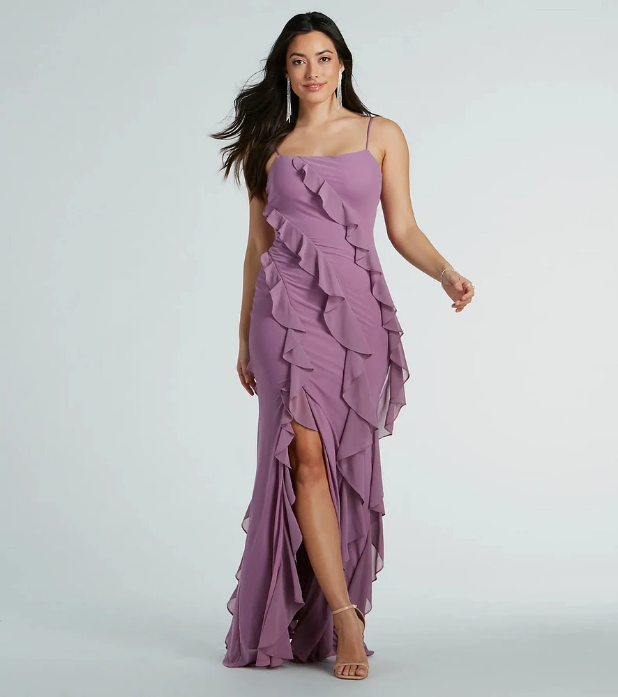 Sophia Lace-Up Ruffle Mermaid Mesh Formal Dress