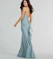 Elowyn Ruffle-Back Glitter Mesh Mermaid Dress