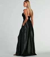 Ammara Cowl Neck Slit A-Line Satin Formal Dress