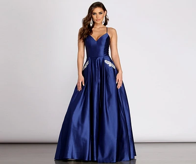 Rochella Satin Rhinestone Trim Ball Gown