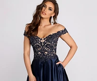 Soni Off Shoulder Floral Applique Ball Gown