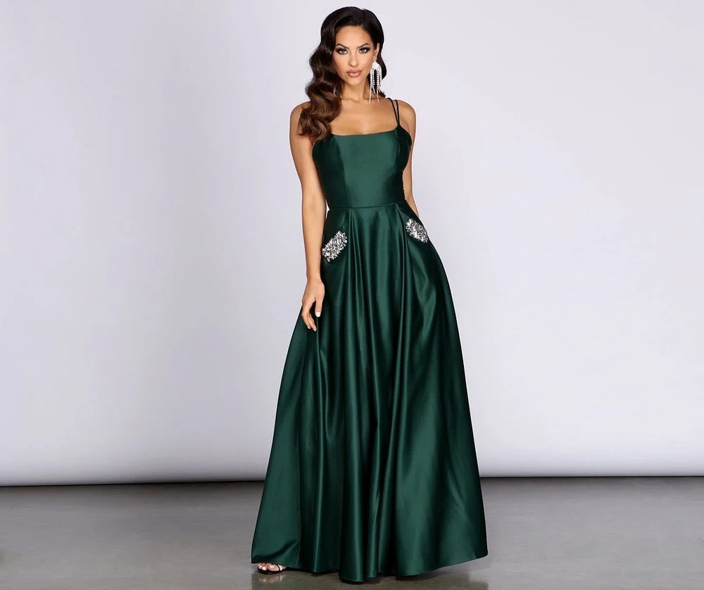 Adela Rhinestone Trim Satin Ball Gown