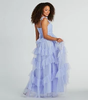 Elissa Sleeveless A-Line Ruffle Pleated Tulle Gown