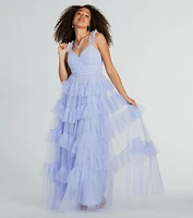 Elissa Sleeveless A-Line Ruffle Pleated Tulle Gown