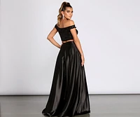 Estella Sequin Off Shoulder Two Piece Satin Dress