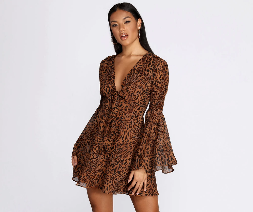 Leopard Bell Sleeve Chiffon Mini Dress