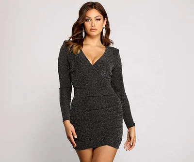 Wrapped Glamour Ruched Glitter Mini Dress