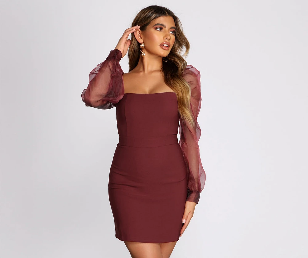 Sheer Organza Puff Sleeve Square Neck Mini Dress