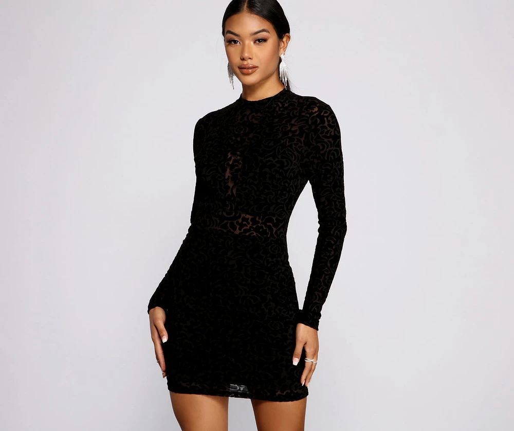 Sultry And Stylish Flocked Mesh Mini Dress