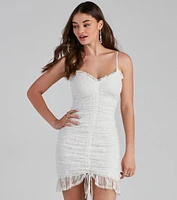 Dainty Lace Ruched Mesh Mini Dress