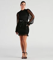 Chic Pleated Mesh Faux Leather Belted Mini Dress