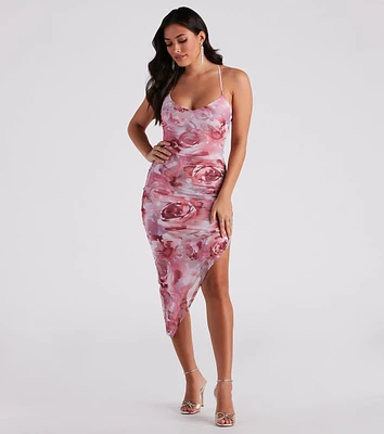 Dreamy Floral Ruched Mesh Midi Dress