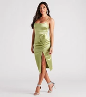 Daring Beauty Satin Slit Midi Dress