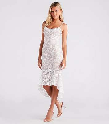 Romance Alert Lace Ruffle High-Low Midi Dress