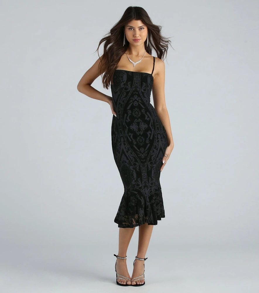 Step Out Flocked Velvet Ruffle Midi Dress