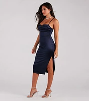 Feminine Chic Satin Cowl Neck Midi Dress