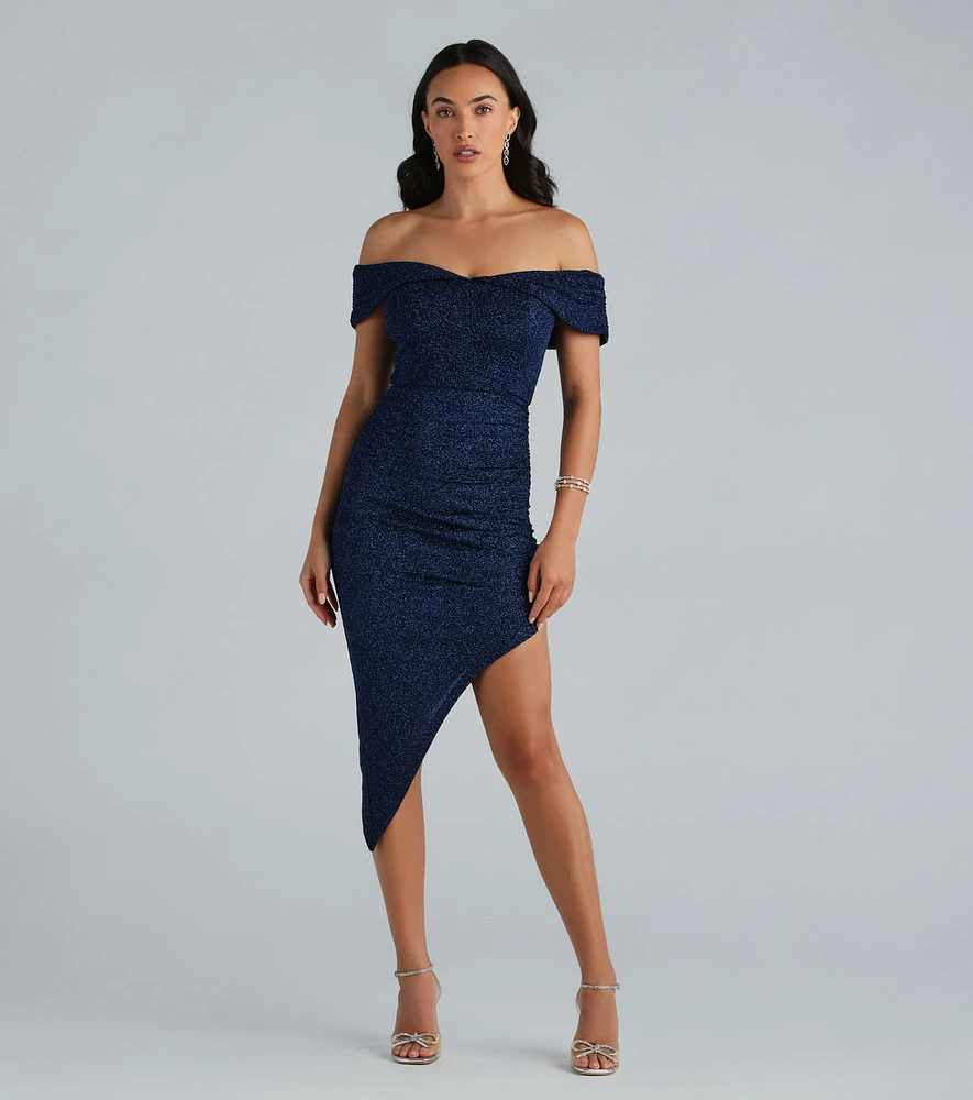 Unforgettable Glitter Off The Shoulder Midi Dress