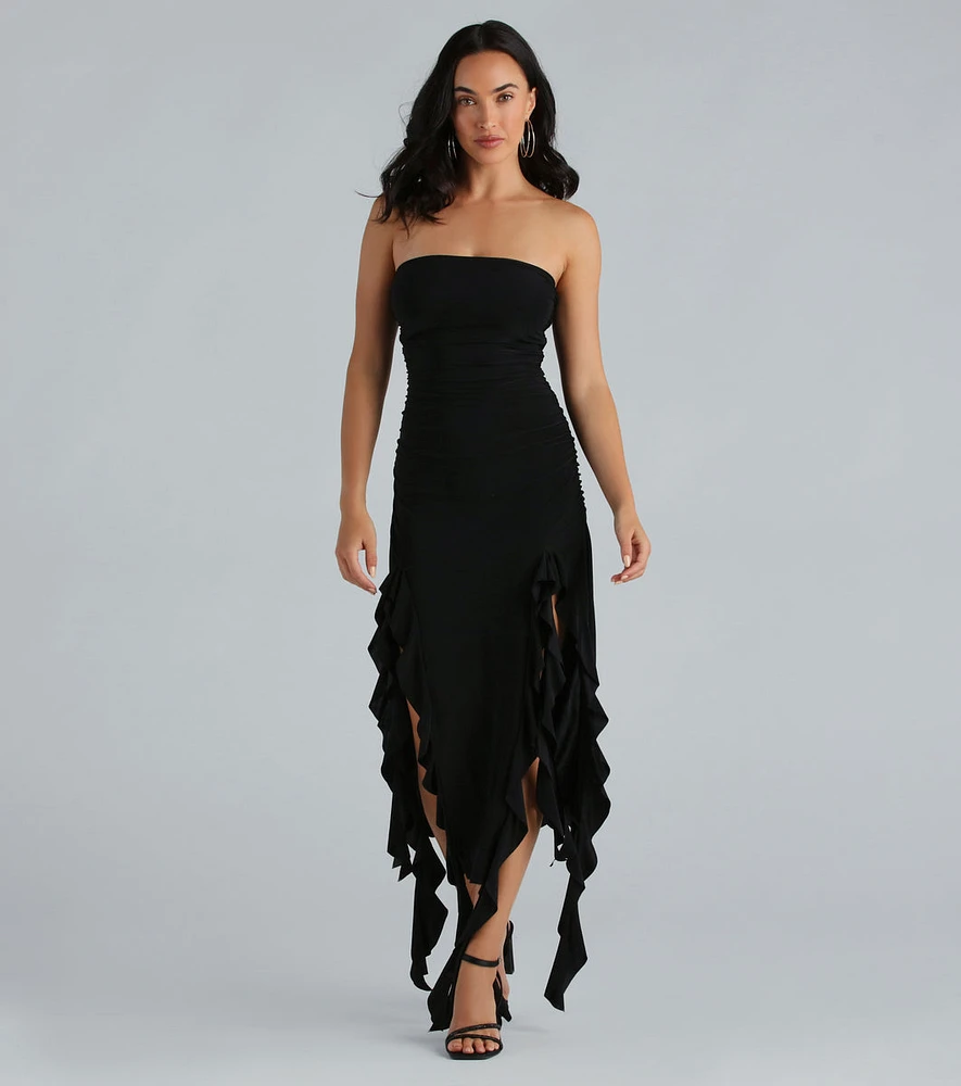 Moments Like This Strapless Ruffled Midi Dress