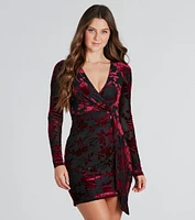 Vision Velvet Pattern V-Neck Tie Mini Dress