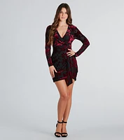 Vision Velvet Pattern V-Neck Tie Mini Dress