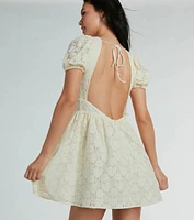 Flirty Aura Puff Sleeve Floral Lace Skater Dress