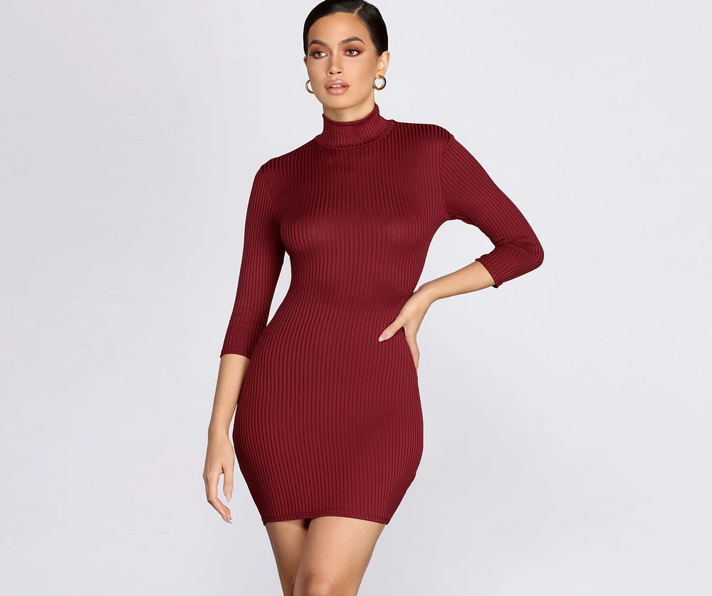 Ribbed Knit Turtleneck Mini Dress