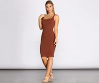 Ribbed Knit Square Neck Midi Dress