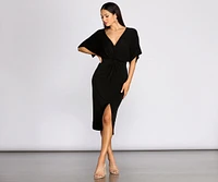 V Neck Front Knot Midi Dress