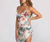 Tropical Getaway Sleeveless Asymmetrical Ruched Midi Dress