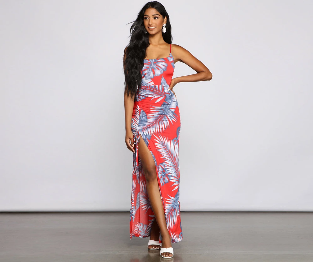 Pretty Palm Ruched Maxi Dress