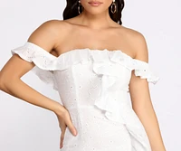 Ruffle Detail Eyelet Off The Shoulder Mini Dress