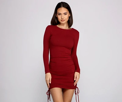 Ruched And Ribbed Knit Crew Neck Mini Dress