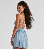 Back Beauty Linen Halter Skater Dress