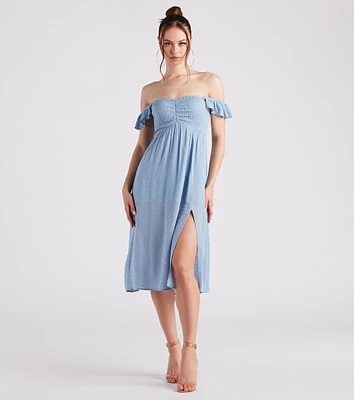 Just Peachy Keen Off-The-Shoulder Midi Dress