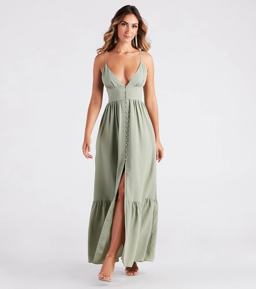 Swept Off Your Feet Button Ruffle Maxi Dress