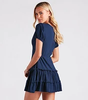 Darling Twirl Crepe Ruffle Skater Dress