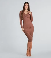 Twisted Up Long Sleeve Rib Knit Midi Dress