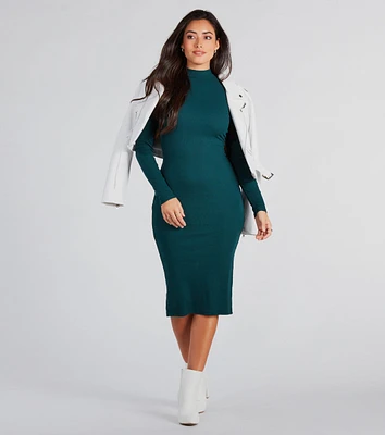 Good Looks Mock Neck Long Sleeve Midi Dress