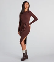 Stylish Staple Tie-Front Ribbed Knit Midi Dress