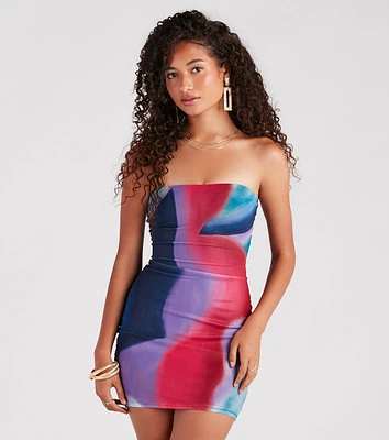 Colorful Style Strapless Abstract Mini Dress