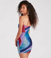 Colorful Style Strapless Abstract Mini Dress